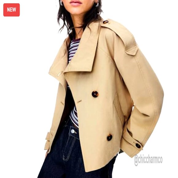 Cropped Trench Coat Double Breasted Belted Jacket Fall Winter Outerwear - Picture 2 of 6